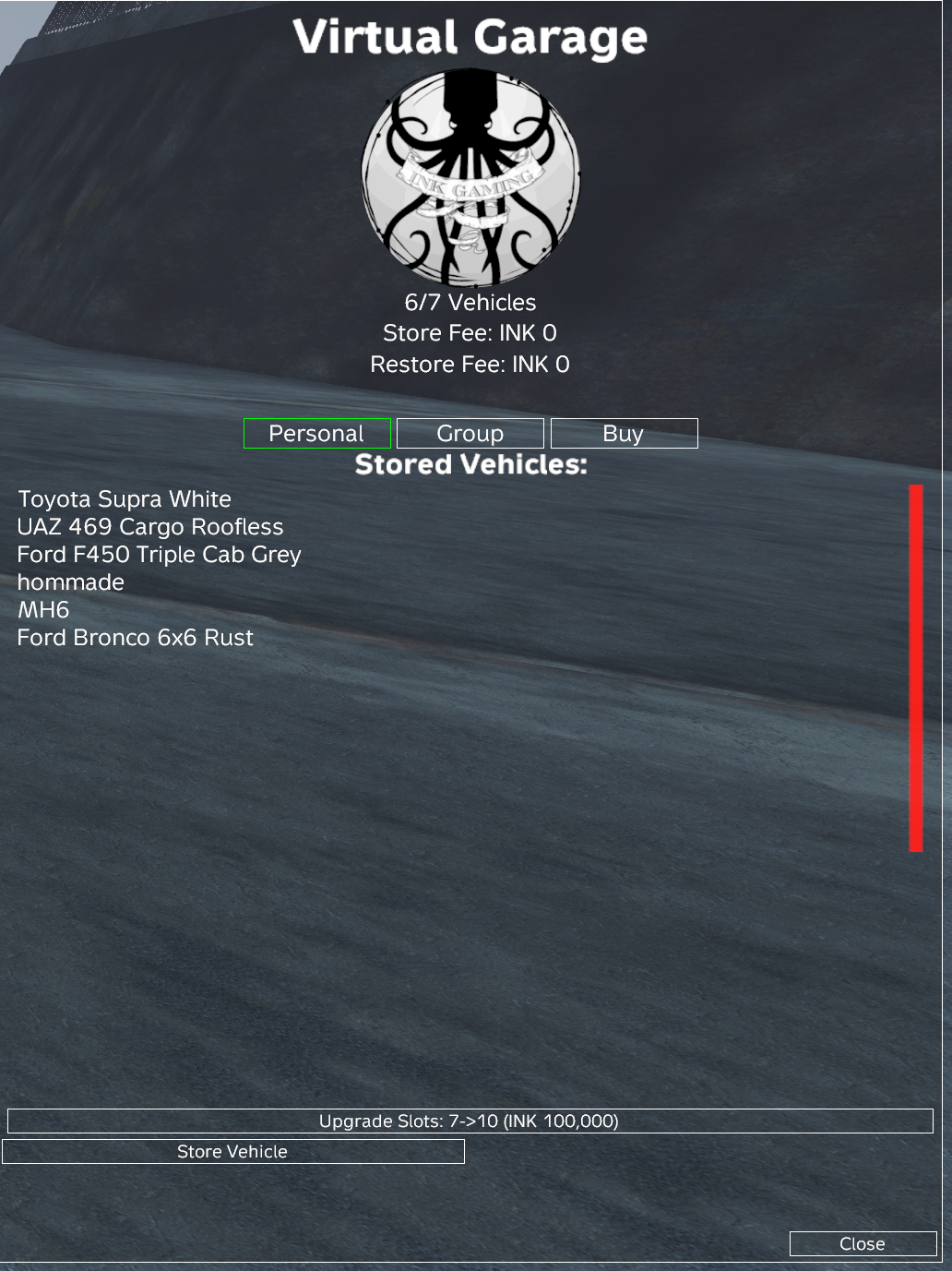 Virtual Garage store vehicle menu